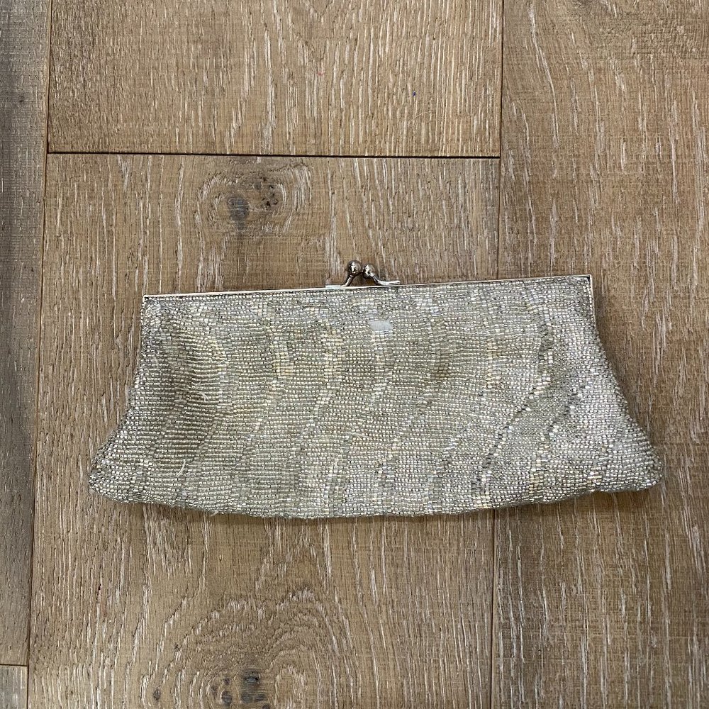 Silver beaded clutch with attached strap